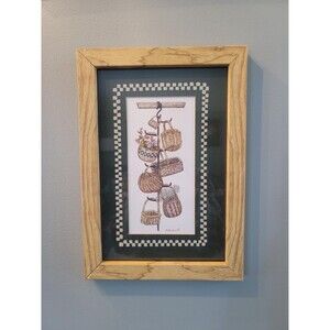 Vintage Wooden Framed Hanging Basket Art by Marty Fyne 13.5x9.5